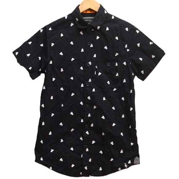 Free Planet Black with White Ghosts Button Up Short Sleeve Shirt Men’s XS - Picture 1 of 5